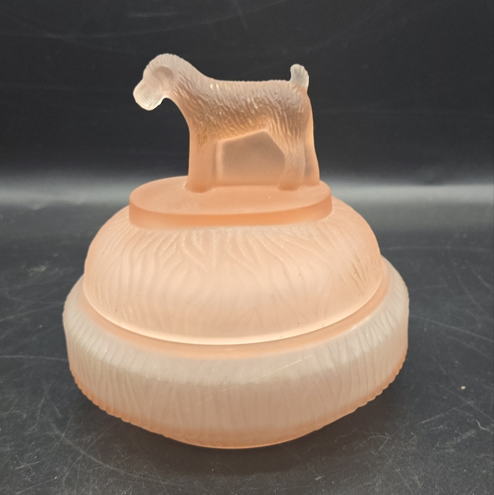 L.E. Smith Small Powder Jar Pink Satin Depression Glass Standing Terrier Dog